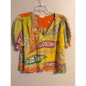 Haute Hippie Style Womens Yellow Orange Paisley Floral Smocked Puff Sleeve Top M